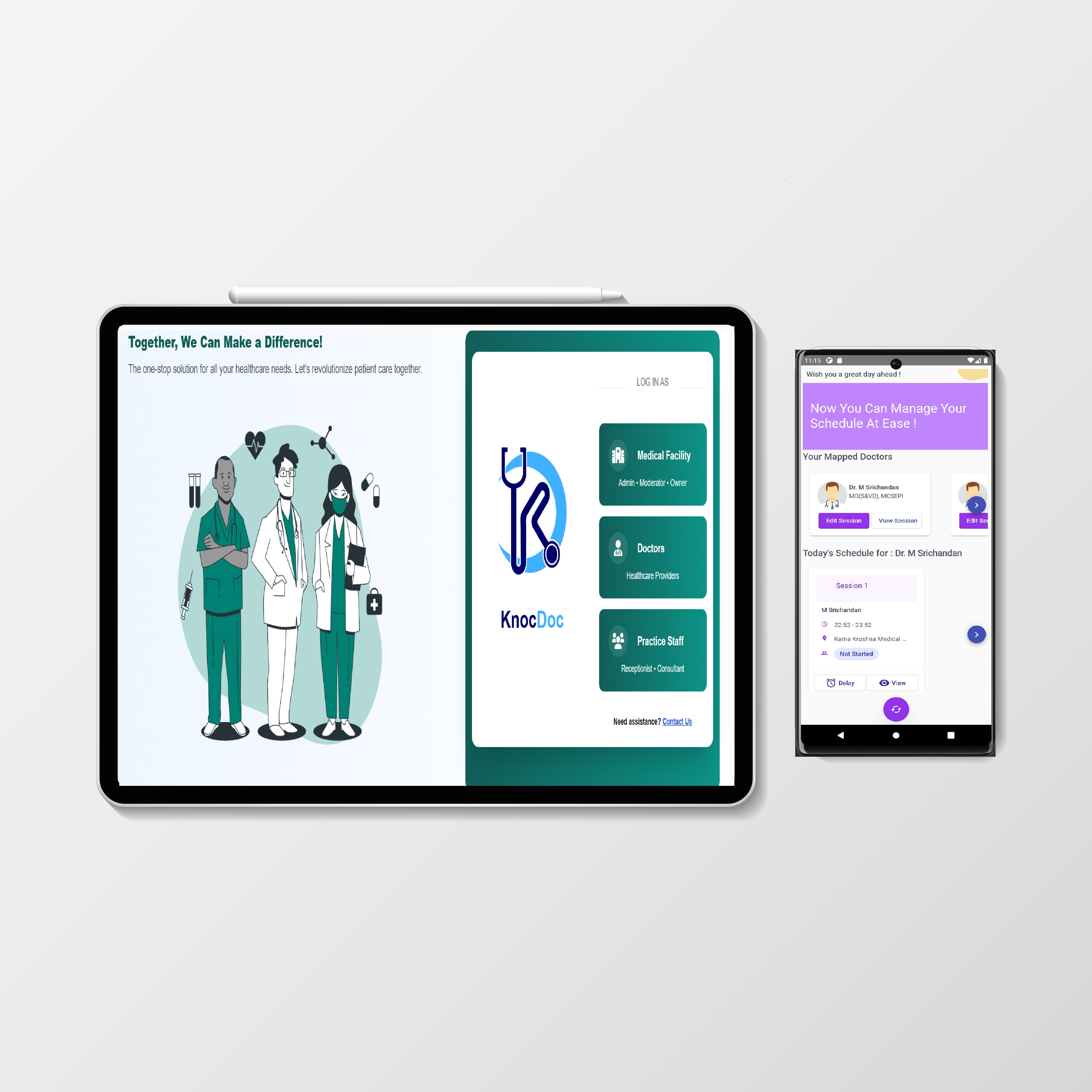 Smiling doctor with stethoscope holding a phone